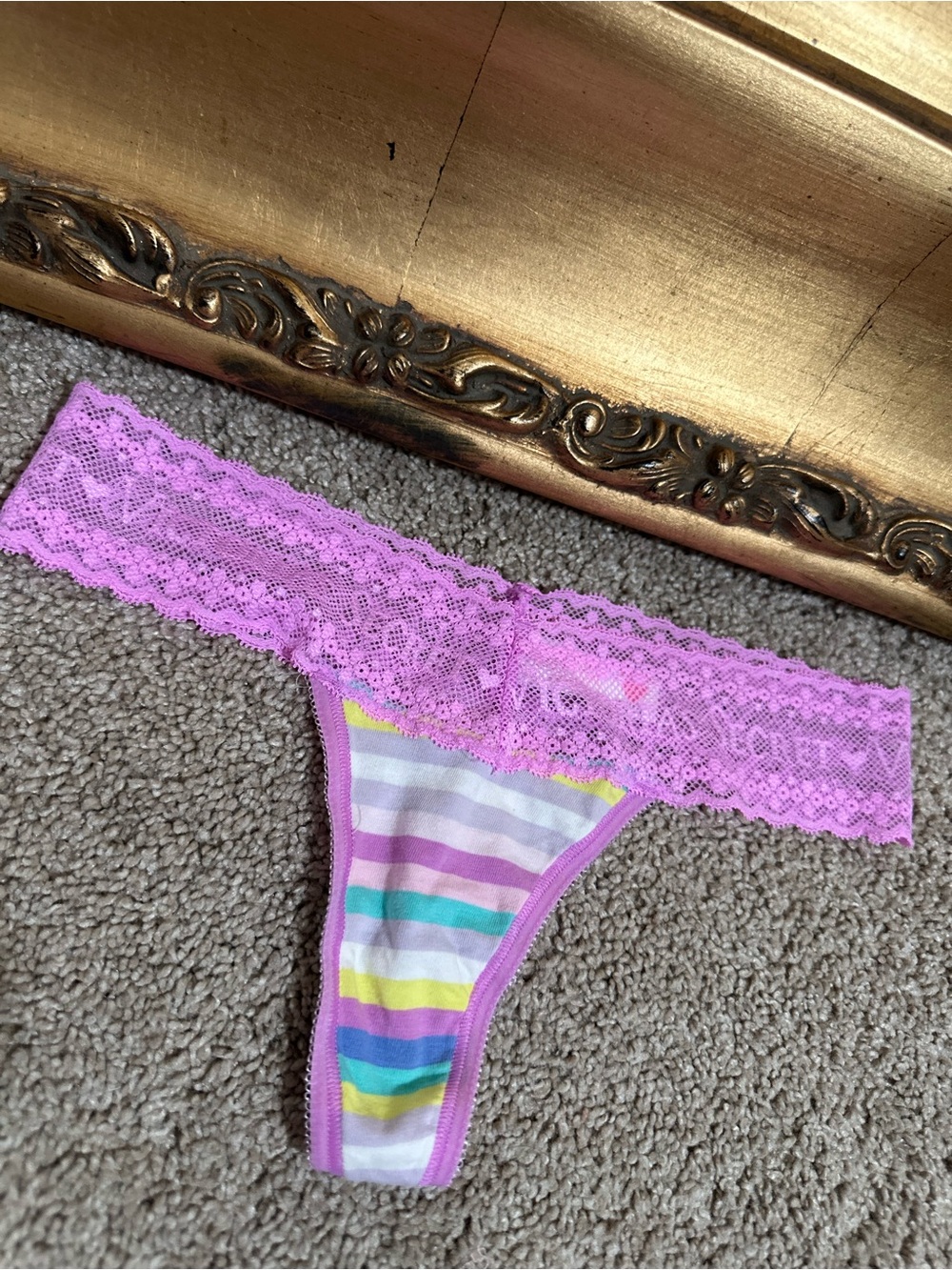 New Victoria's Secret 2011 Cotton Lingerie Low Rise Thong Multi Stripe Lace XS